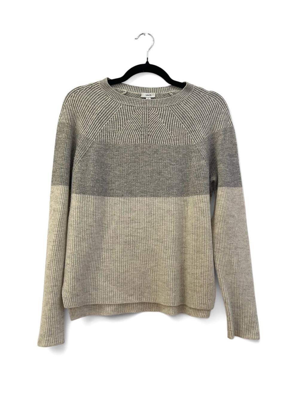 VINCE Wool Cashmere Colorblock Gray & Cream Ribbed Crewneck Sweater XS
